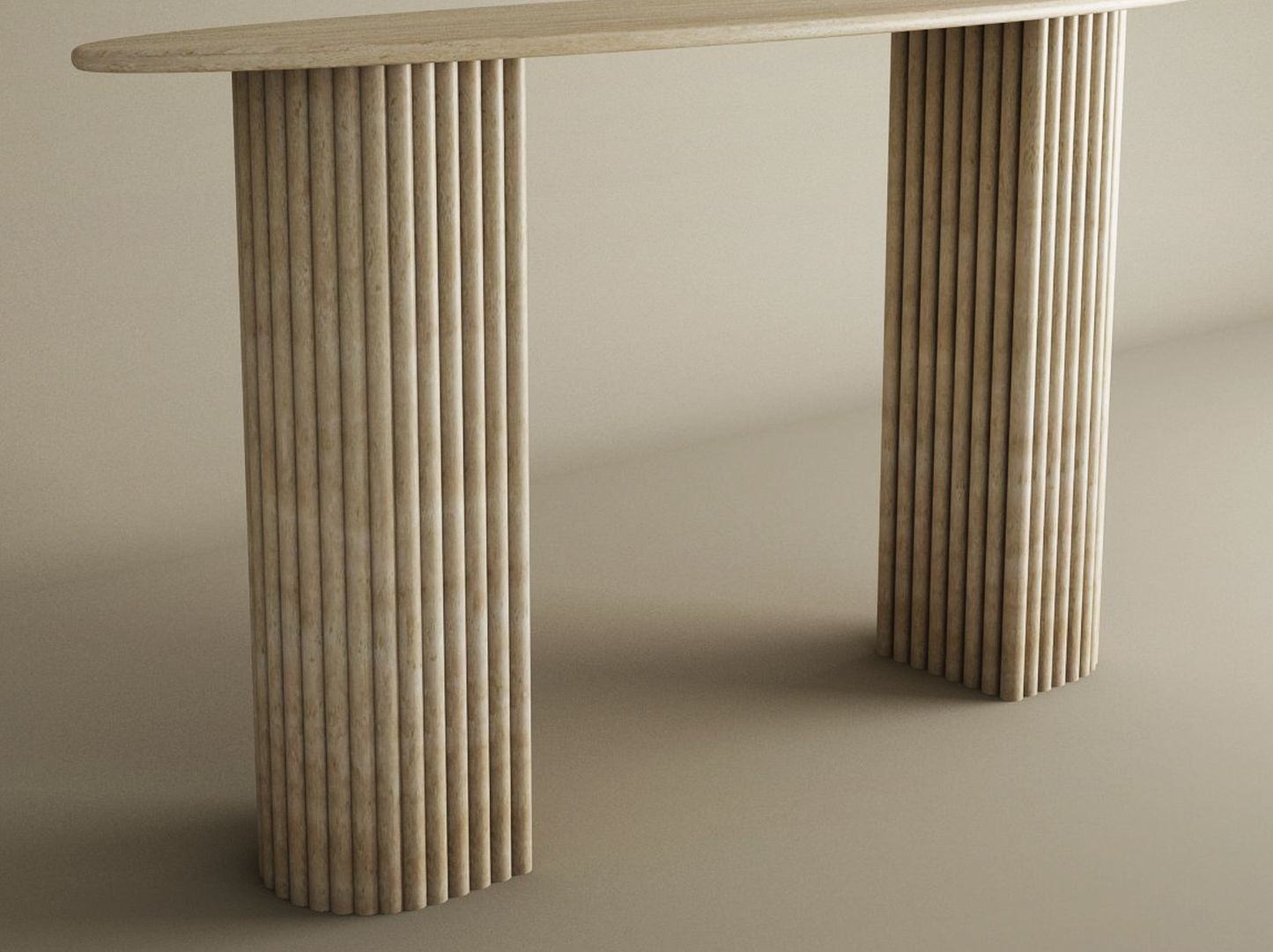 The Ellips Travertine Console Table by TRAVERTABLE features a smooth beige top and fluted round solid travertine stone base, exuding refined luxury and customizable elegance in any neutral space.