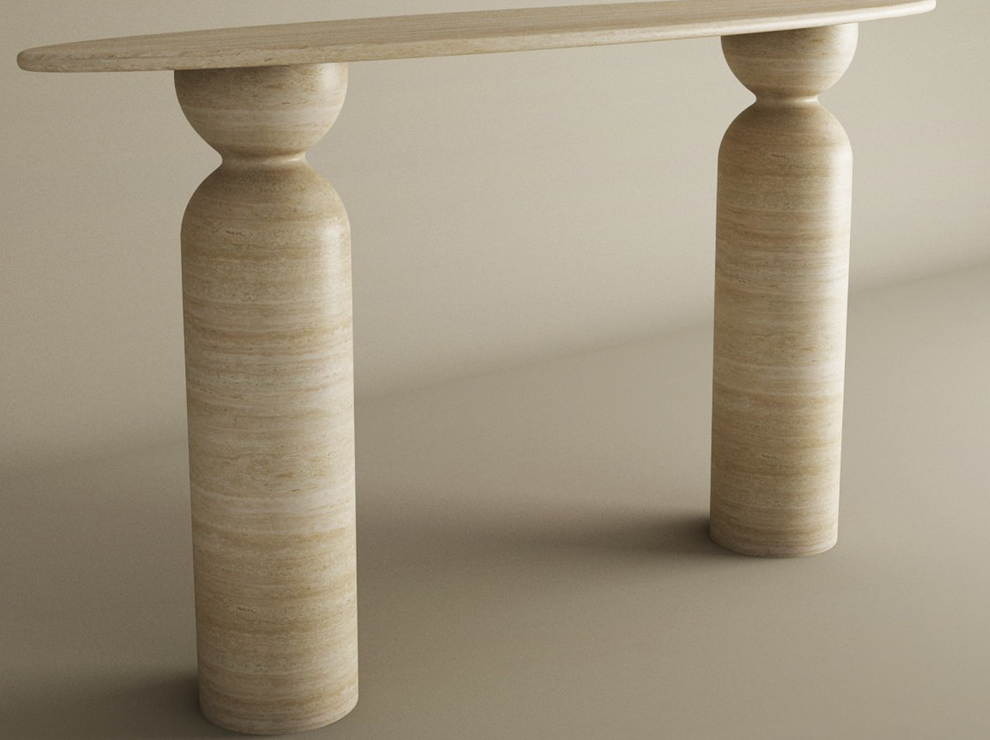 Ellips Travertine Console Table with Sculptural Round Base – Organic Travertine Stone Base – Customizable Console Table