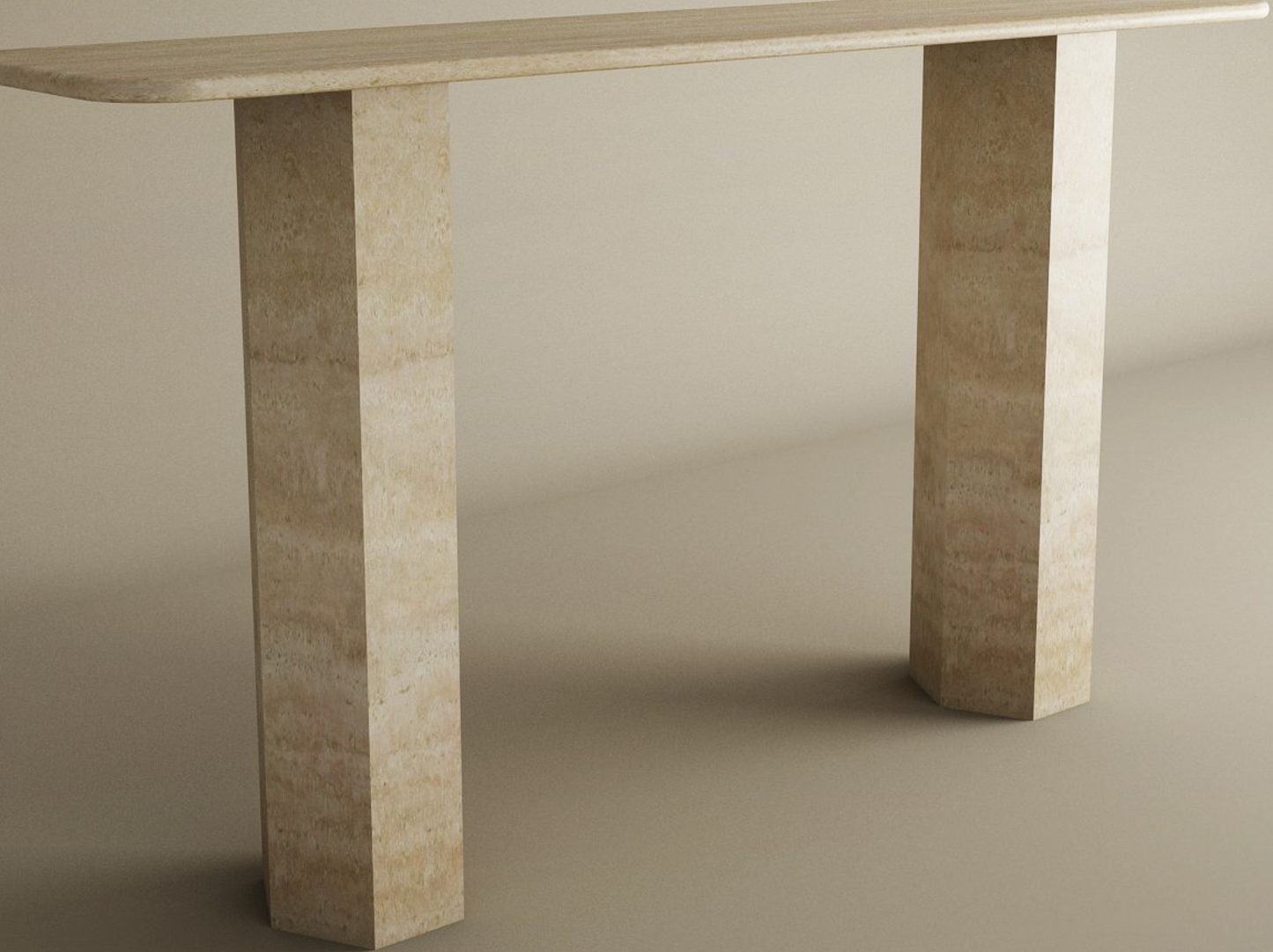 Rectangular Travertine Console Table with Hexagonal Pedestal Base – Organic Stone Base – Customizable Console Table