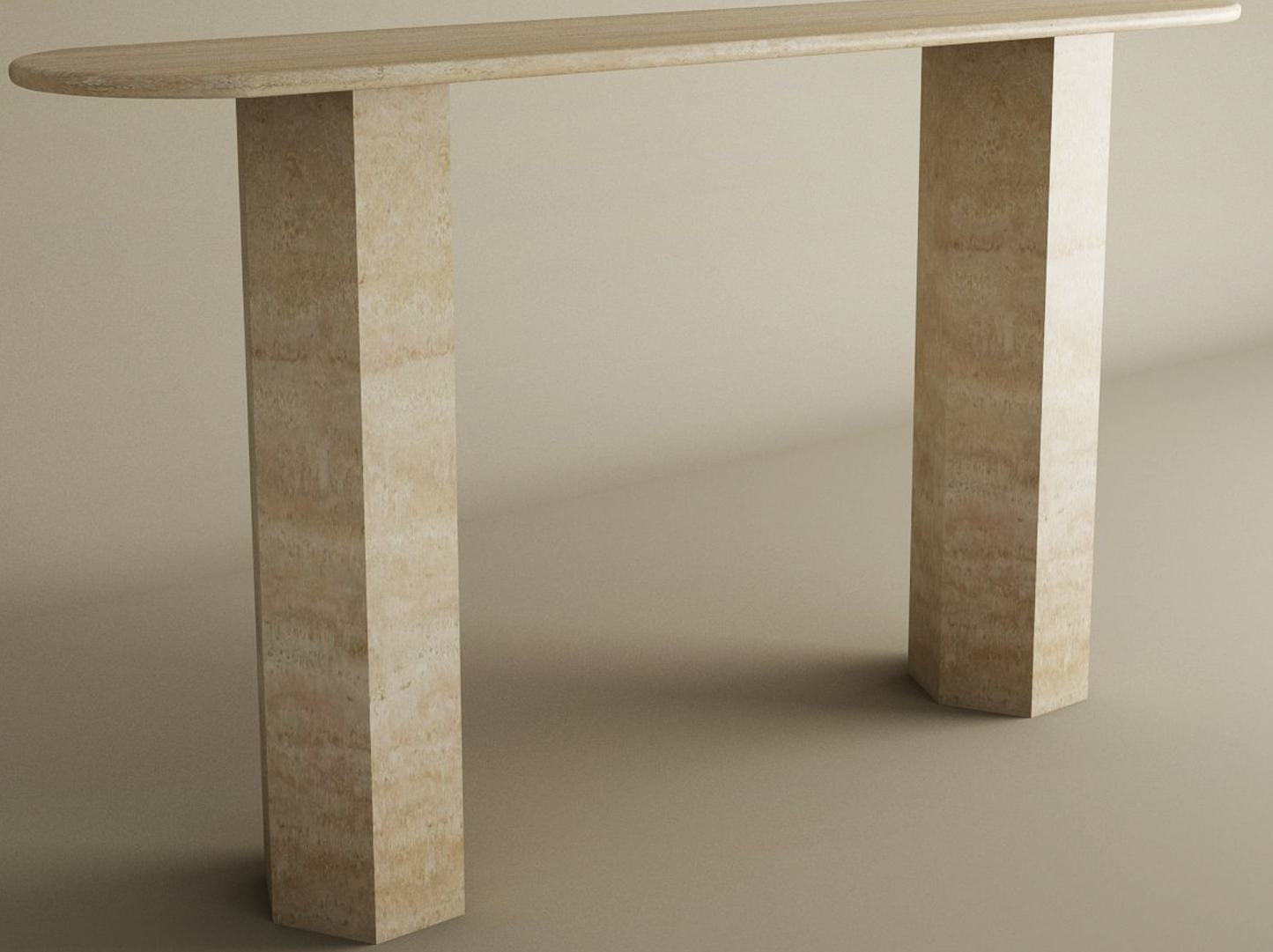 Ovale Travertine Console Table with Hexagonal Pedestal Base – Organic Stone Base – Customizable Console Table