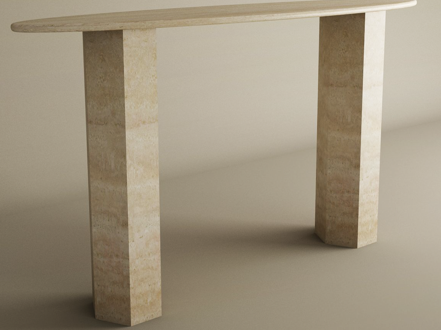 Ellips Travertine Console Table with Hexagonal Pedestal Base – Organic Stone Base – Customizable Console Table