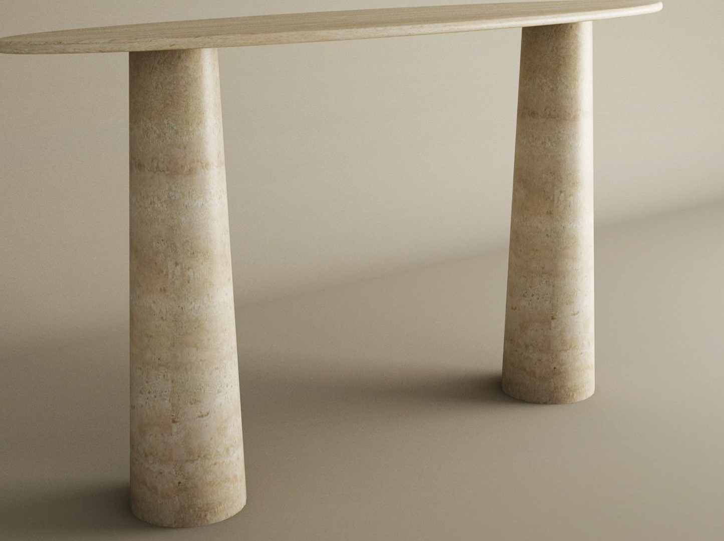Ellips Travertine Console Table with Conical Pedestal Base – Organic Travertine Stone Base – Customizable Console Table