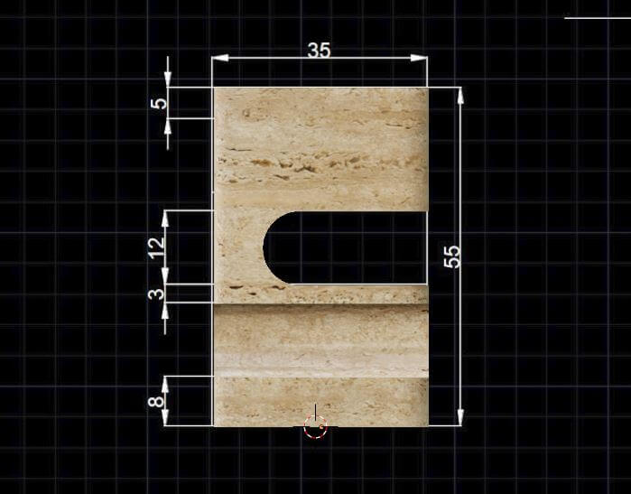 Technical drawing of the Serenity Block Travertine Table by Travertable, featuring a rectangular travertine block with a semi-circular cutout on the right. Set on a grid background, it measures 35 across the top and 55 down the right side, with smaller measurements along its edges.