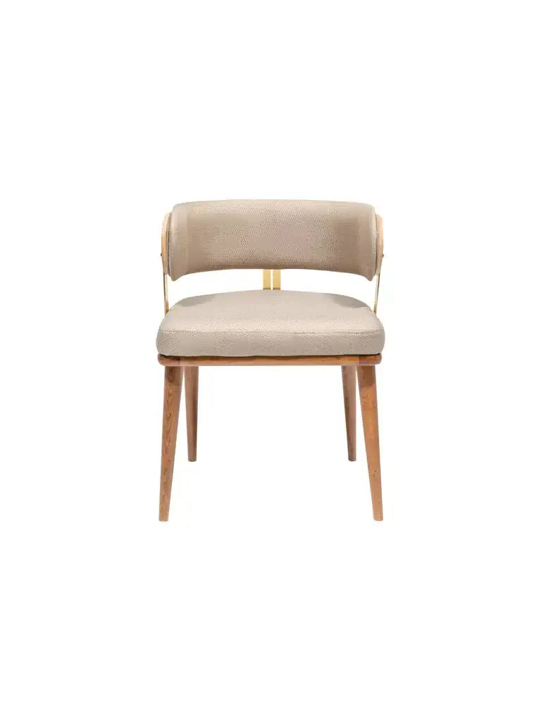 The Travertable Mid-Century Modern Walnut and Brass Chair features a beige cushioned seat and backrest with an open space design, supported by wooden legs. Its perfect for adding elegance to your home decor and is displayed against a plain white background.