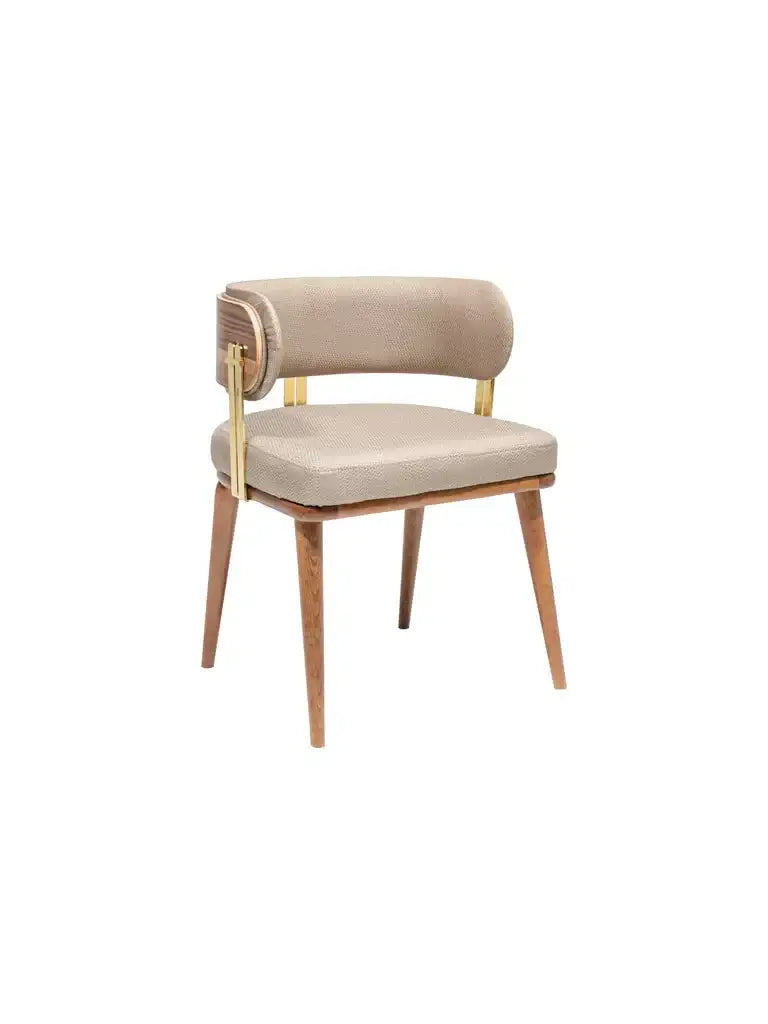 Travertables Mid-Century Modern Walnut and Brass Chair boasts a beige, rounded backrest, wooden legs, and gold accents for an elegant touch. Its soft fabric upholstery elevates any decor with contemporary style.