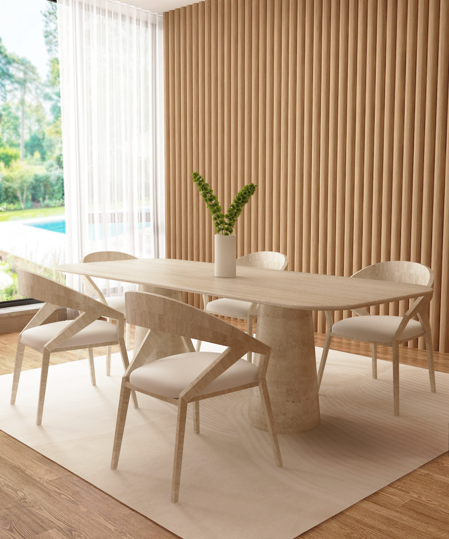 A modern dining room with a TRAVERTABLE Rectangular Travertine Dining Table featuring an organic stone conical pedestal base, six matching white-cushioned chairs, a white vase centerpiece, wood paneling, and large windows with views of lush greenery.