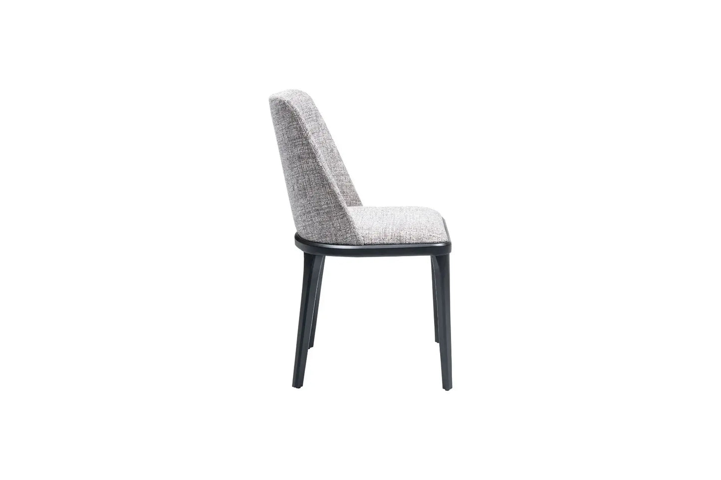 Side view of the Travertable Comfort Dining Chair, featuring a gray fabric seat and backrest with black metal legs. This chair showcases a minimalist, modern design and an ergonomic structure for maximum comfort.