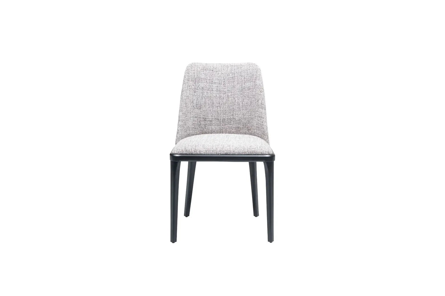 Introducing Travertables Comfort Dining Chair, boasting a modern design with a softly cushioned light gray fabric seat and backrest. Supported by four slender black legs, its ergonomic structure is highlighted against a white background for minimalist elegance.
