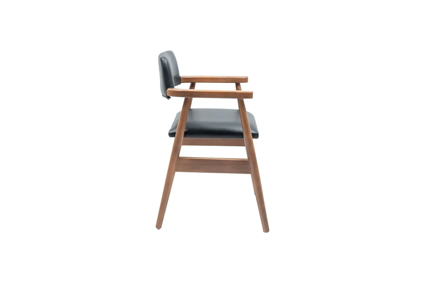 A side view of the Travertable Executive Elegance Armchair showcases wooden legs and ergonomic armrests. The seat and backrest are upholstered in dark faux leather, featuring a minimalist design with clean lines against a white background.