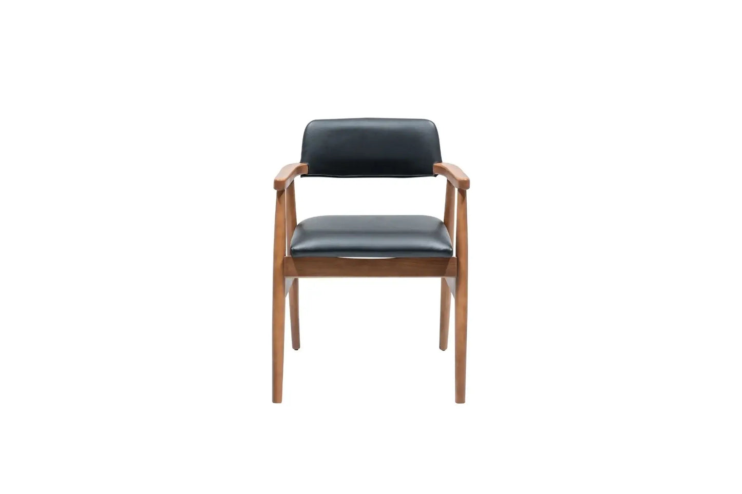 Travertables Executive Elegance Armchair features sleek faux leather upholstery. With a minimalist design, wooden frame, and ergonomic armrests, its black cushioned seat and backrest create a stunning blend of comfort and style against a white backdrop.