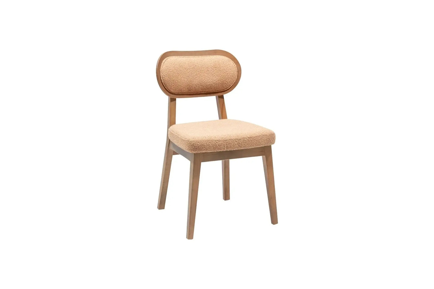 Introducing the Travertable Modern Comfort Dining Chair—its sleek wooden frame supports a textured fabric seat and backrest. The chairs gentle curves and clean lines create minimalist elegance against a plain white background, embodying contemporary design at its finest.
