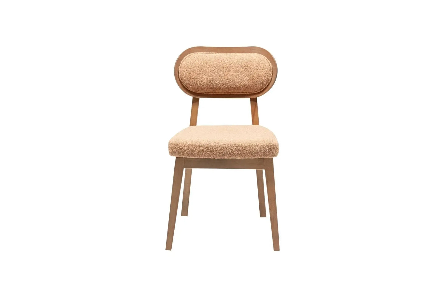 Travertables Modern Comfort Dining Chair flaunts contemporary design with a wooden frame, light brown cushioned seat and backrest, textured fabric upholstery, and angled legs. Set against a plain white background, it embodies simplicity and modernity.
