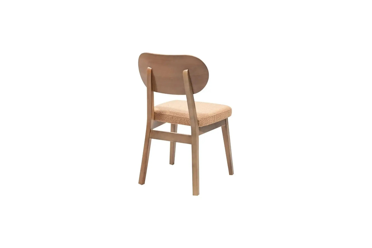 The Travertable Modern Comfort Dining Chair features a contemporary wood design with visible grain, a curved backrest, four angled straight legs, and a light brown cushioned seat upholstered in textured fabric.