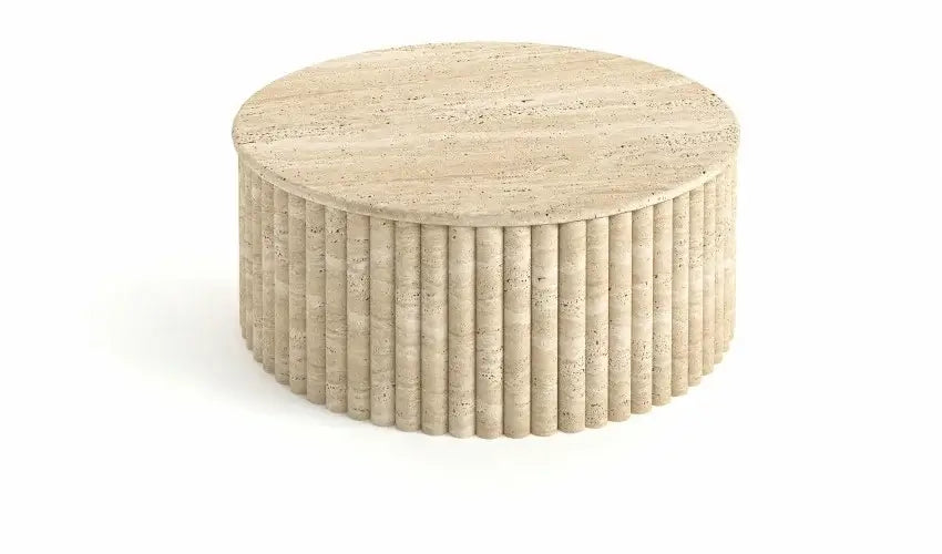 The Alpine Oasis Travertine Coffee Table by Travertable, crafted from solid travertine with vertical grooves and a smooth top, embodies elegance and sophistication for your home decor.
