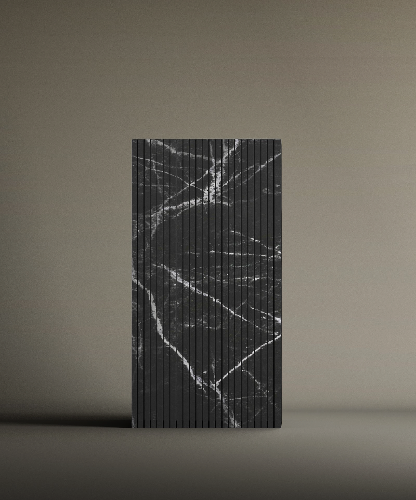The TRAVERTABLE Nero Marquina Square Fluted Marble Pedestal Vanity Sink is a rectangular, upright sink with vertical grooves and a black surface featuring irregular white marble-like veins, set against a plain beige background.