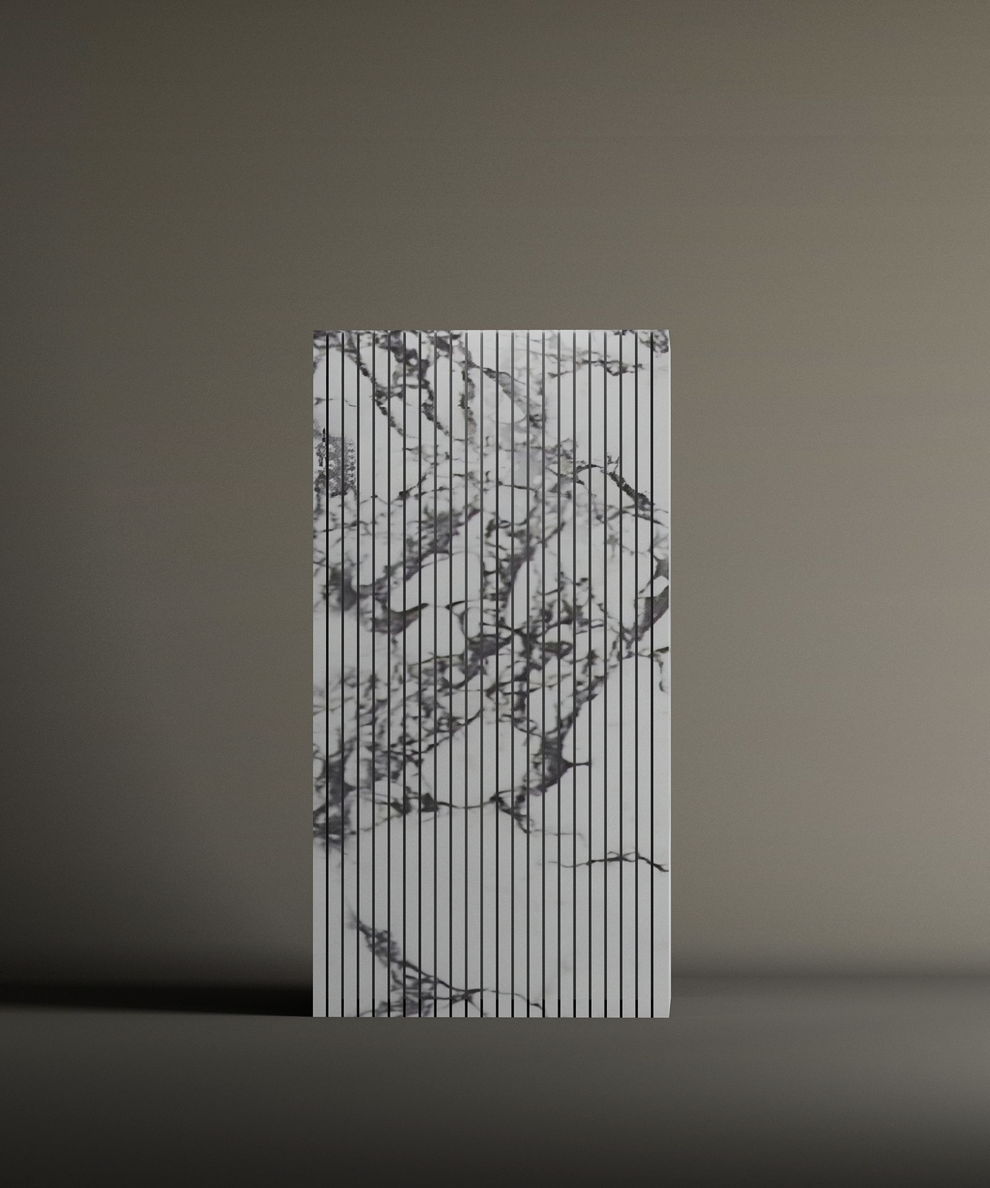The TRAVERTABLE Calacatta Square Fluted Marble Pedestal Vanity Sink stands vertically against a neutral background, its dark-veined marble and evenly spaced grooves highlighted by subtle lighting for an elegant, refined look.