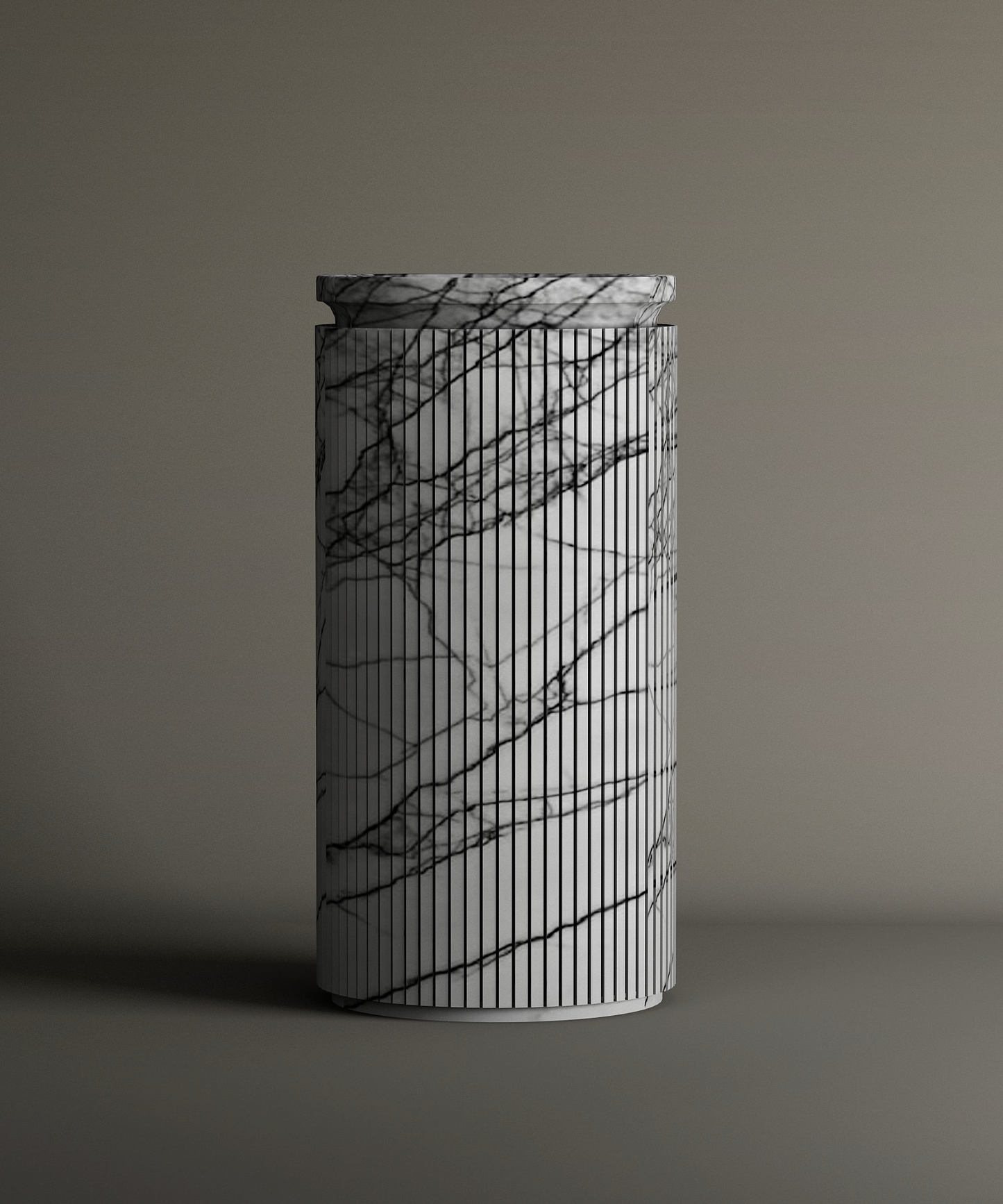 The Lilac Round Marble Pedestal Vanity Sink by TRAVERTABLE features a cylindrical marble design with vertical black lines and a matching lid, exuding sculptural elegance against a neutral backdrop.