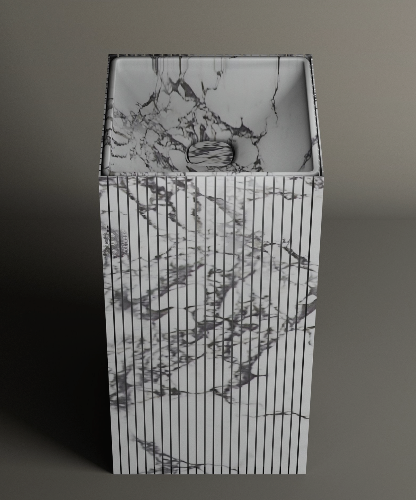 The TRAVERTABLE Calacatta Square Fluted Marble Pedestal Vanity Sink features gray-veined marble and vertical fluting, ideal for elevating any modern bathroom against a plain background.