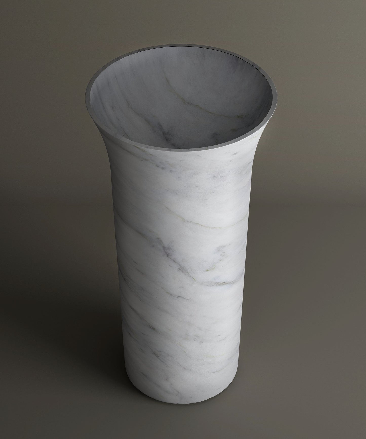 The TRAVERTABLE Carrara Marble Cylinder Pedestal Vanity Sink features a tall, cylindrical shape with a flared opening and subtle gray veining, evoking the timeless beauty of high-end marble bathroom sinks.