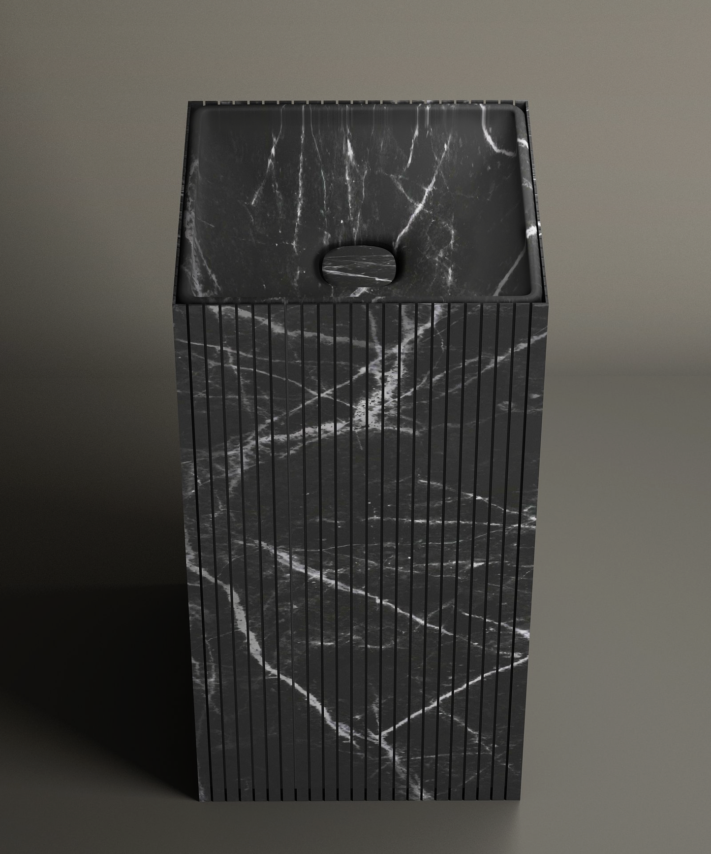 The TRAVERTABLE Nero Marquina Square Fluted Marble Pedestal Vanity Sink features a rectangular basin with white veining, vertical fluted sides, and a centered drain, set against a plain neutral background.