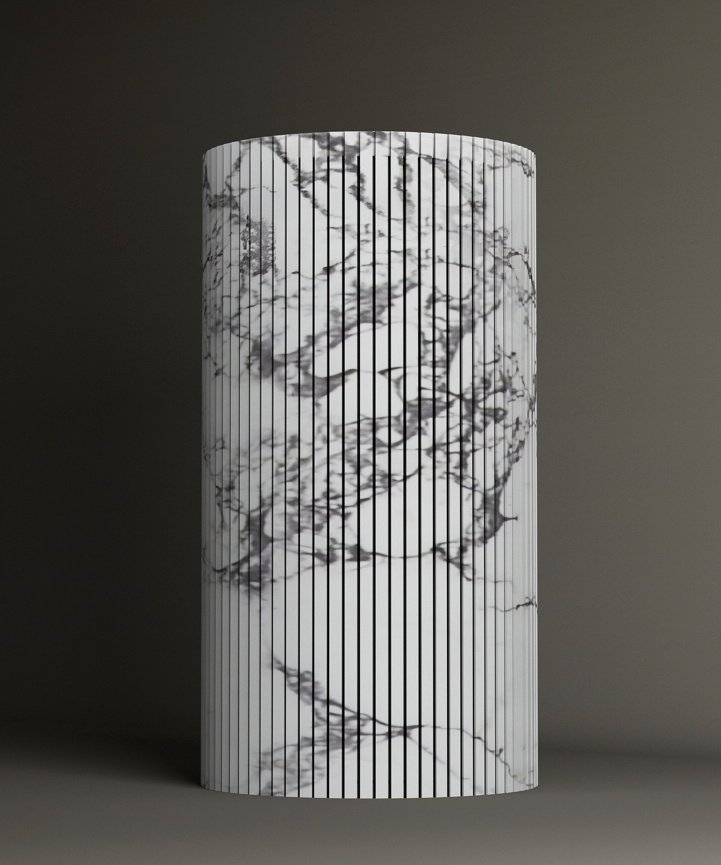 The TRAVERTABLE Calacatta Round Fluted Marble Pedestal Vanity Sink features a white surface with vertical black lines and gray marble-like veining, bringing a modern touch to any space against a dark background.