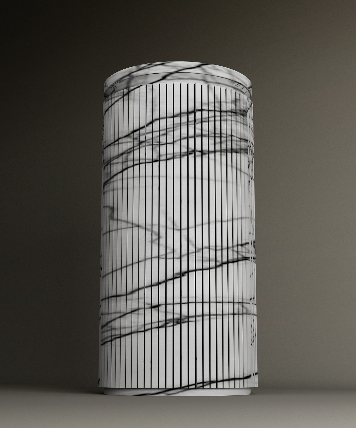 The TRAVERTABLE Lilac Round Marble Pedestal Vanity Sink features vertical black lines and abstract streaks on a white stone surface, creating a stunning sculptural centerpiece against a minimalist gradient backdrop.