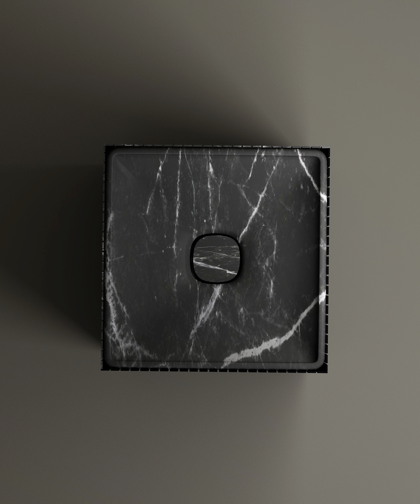 The TRAVERTABLE Nero Marquina Square Fluted Marble Pedestal Vanity Sink, featuring white veining and a central round drain cover, is shown from above against a plain grey background with shadows falling to the left.