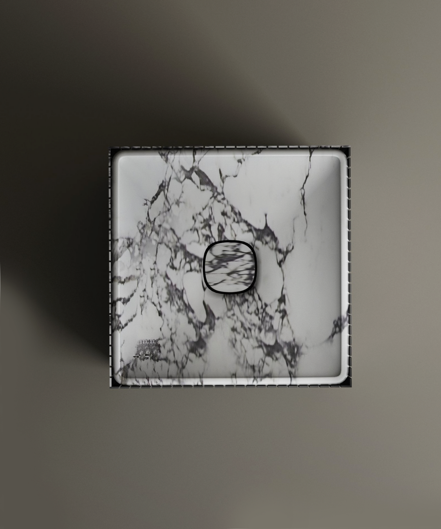 The TRAVERTABLE Calacatta Square Fluted Marble Pedestal Vanity Sink features a white marble design with bold dark veining, matching drain cover, and straight edges, shown from above on a matte surface.