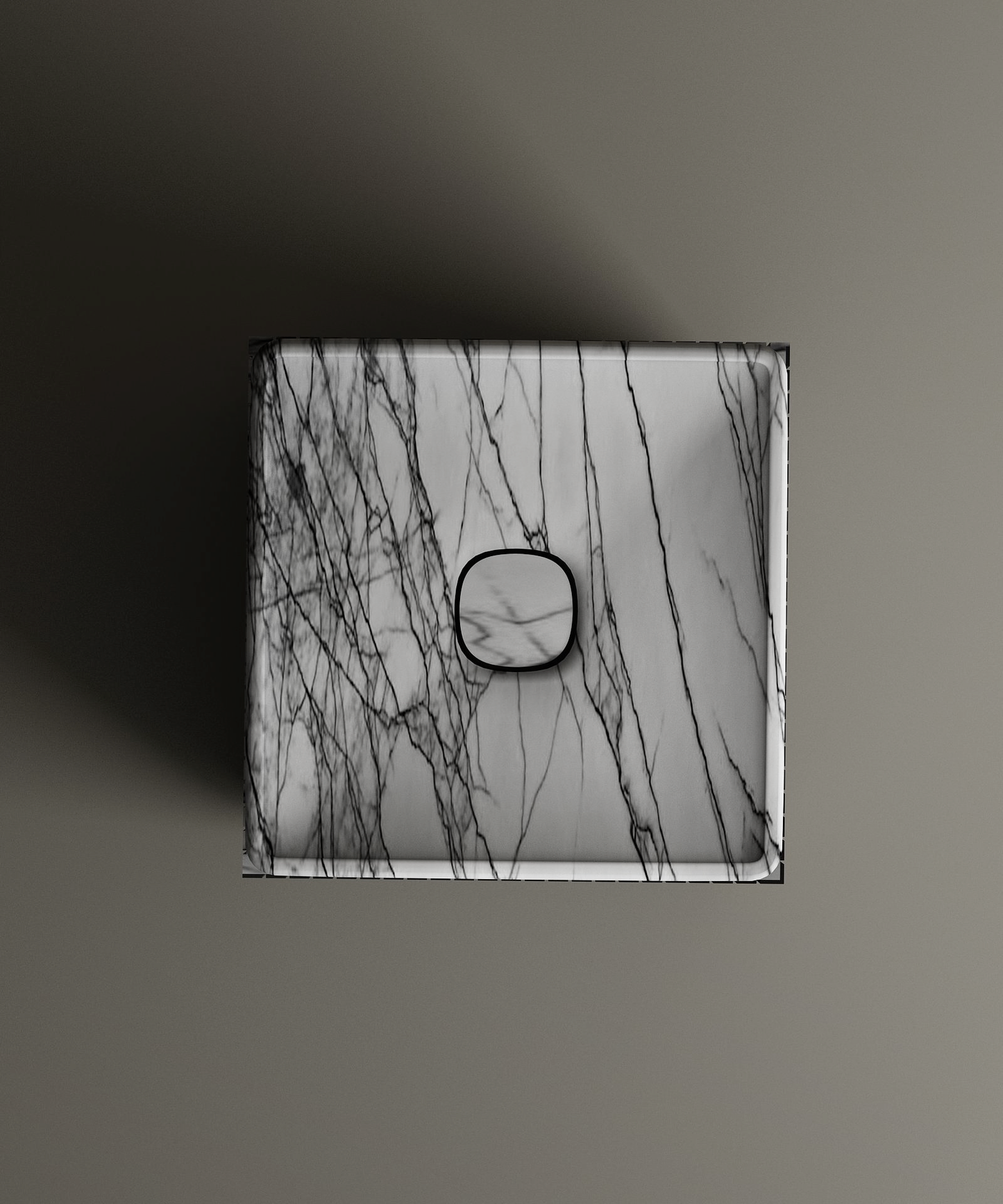 The TRAVERTABLE Lilac Square Marble Pedestal Vanity Sink features a lilac marble pattern with dark gray veins and a centered black button, showcased on a neutral surface for subtle architectural style.