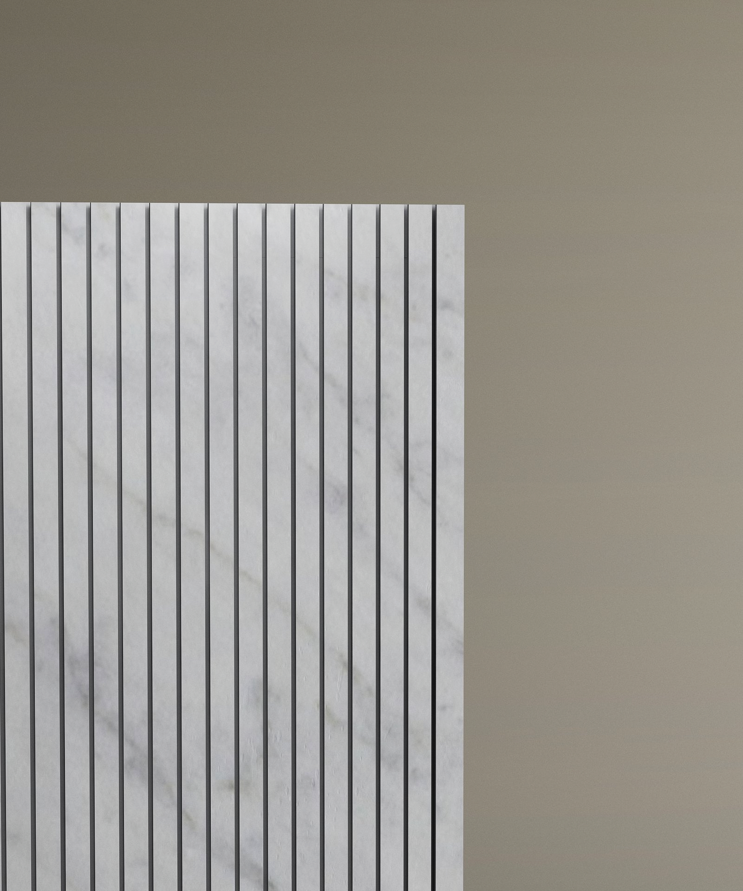 Only the left half of the TRAVERTABLE Carrara Square Fluted Marble Pedestal Vanity Sink, featuring vertical grooves in white marble and designed for contemporary bathrooms, is visible against a plain light brown background.