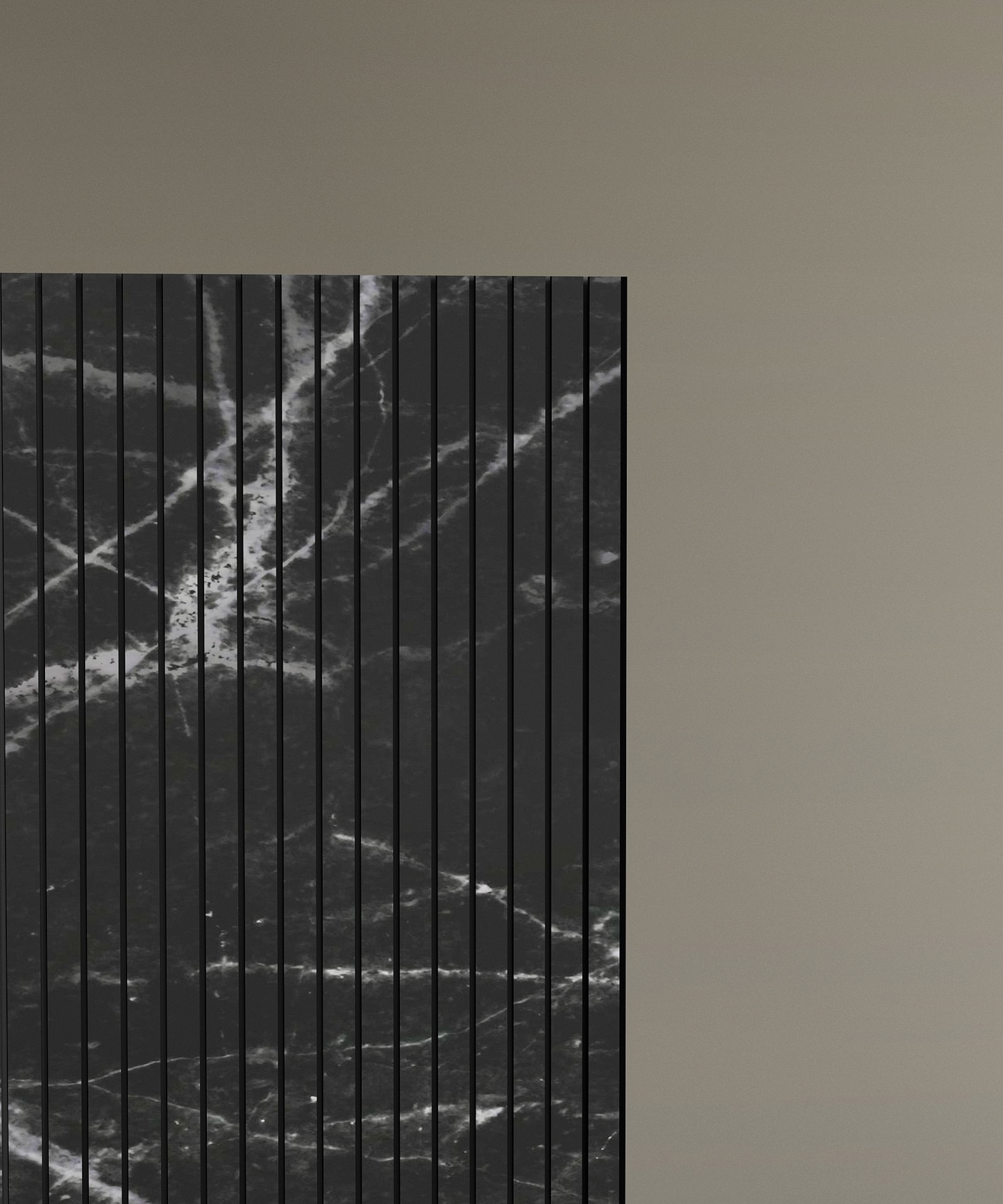The TRAVERTABLE Nero Marquina Square Fluted Marble Pedestal Vanity Sink features narrow flutes and striking white veining on black marble, positioned beside a plain beige background—an elegant, modern choice for bathroom spaces.