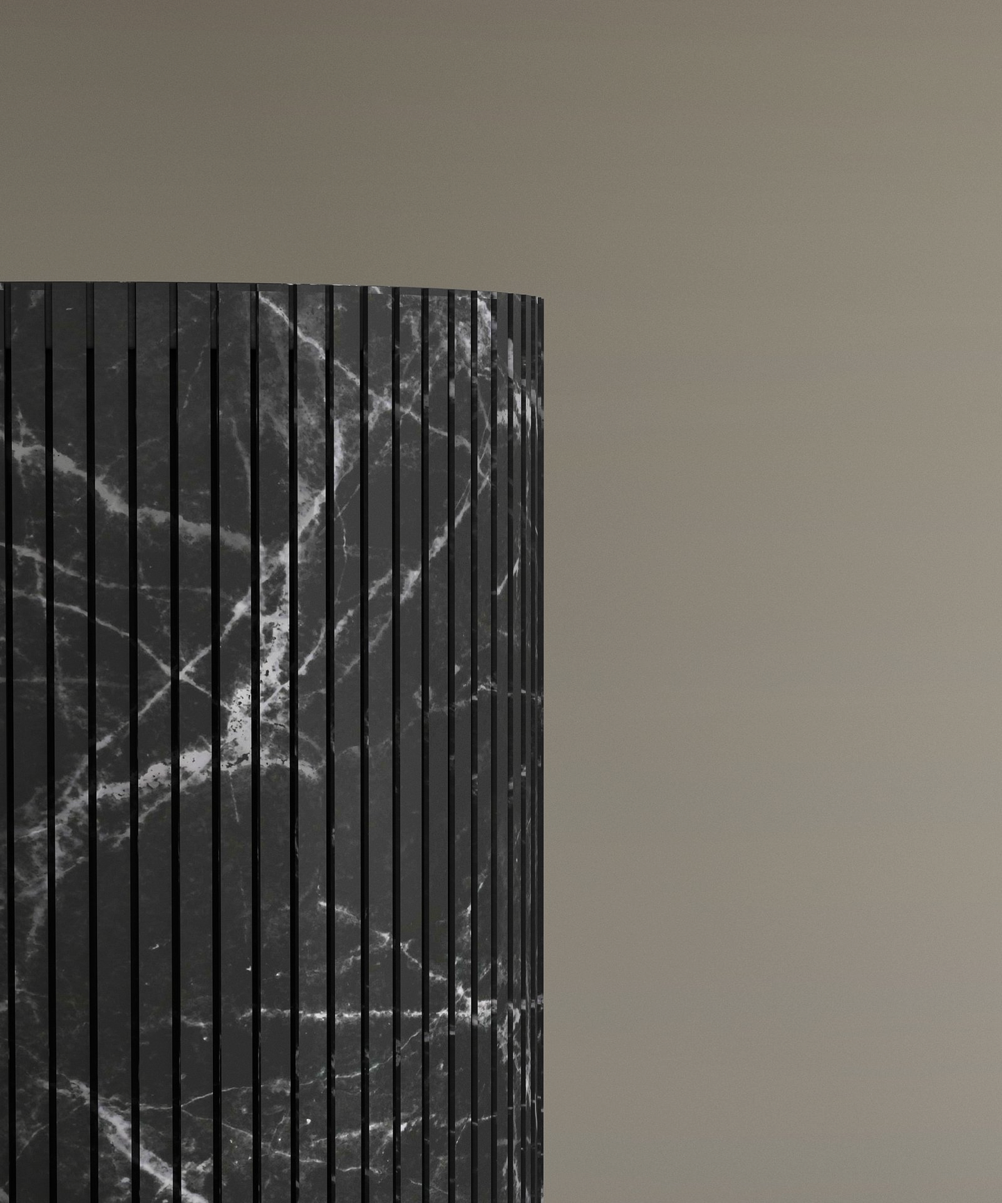 The TRAVERTABLE Nero Marquina Round Fluted Marble Pedestal Vanity Sink, featuring bold white veining and a fluted black marble surface, is displayed against a plain beige background on the left side of the image.