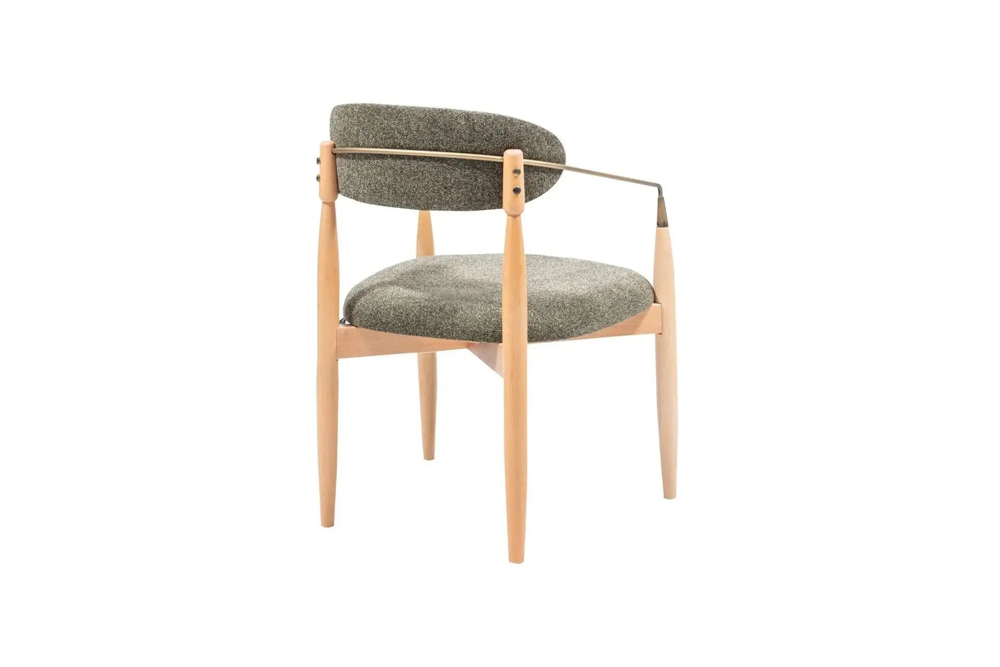 The Orion Designer Chair by Travertable boasts a green upholstered seat and backrest, complemented by a wooden frame and slim metal armrests. Its modern design includes slender, outward-angled legs that enhance both style and ergonomic comfort.