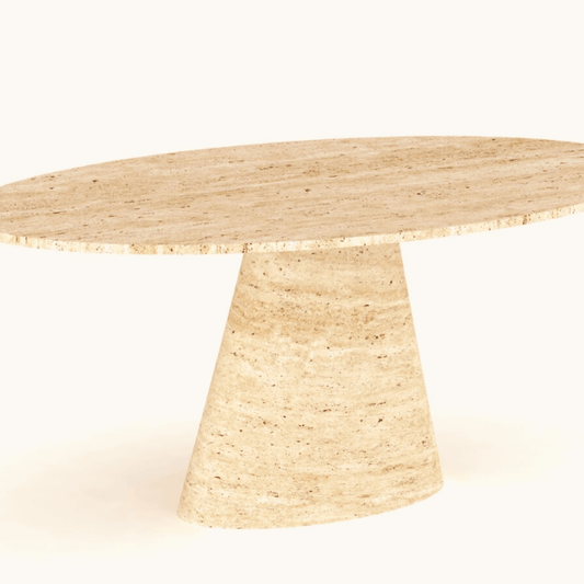 The Olympian Ellipse Travertine Table by Travertable showcases a light beige travertine oval tabletop and distinctive ribbed pedestal base against a white background.