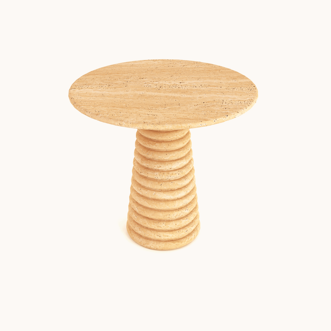 The Harmony Round Travertine Dining Table by Travertable features a smooth wooden surface and distinctive ribbed conical base, evocative of its travertine design, set against a plain white background.