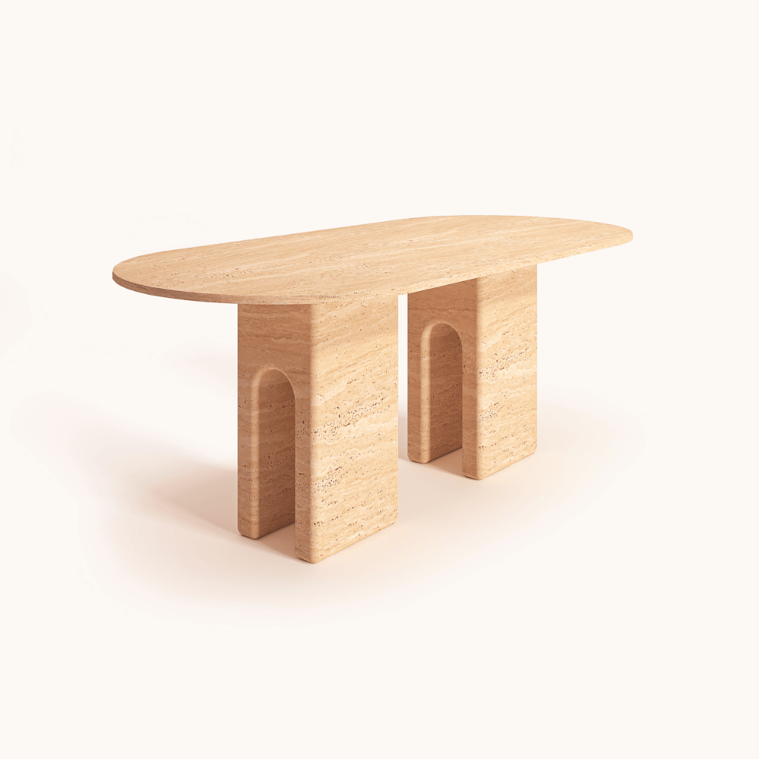 The Regal Arch Travertine Dining and Meeting Table by Travertable features an oval top and arched legs in light wood with a smooth, natural grain. This modern piece is a sleek centerpiece that enhances dining and meeting spaces with its minimalistic charm.