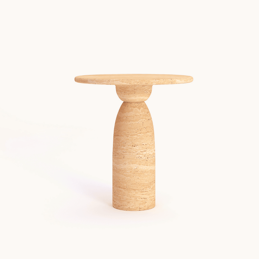 The Modern Minimalist Travertine Side Table by Travertable features a handcrafted design with a light beige travertine stone round top and tapered cylindrical base, emphasizing clean lines and a natural finish against a plain white background for sophisticated interiors.