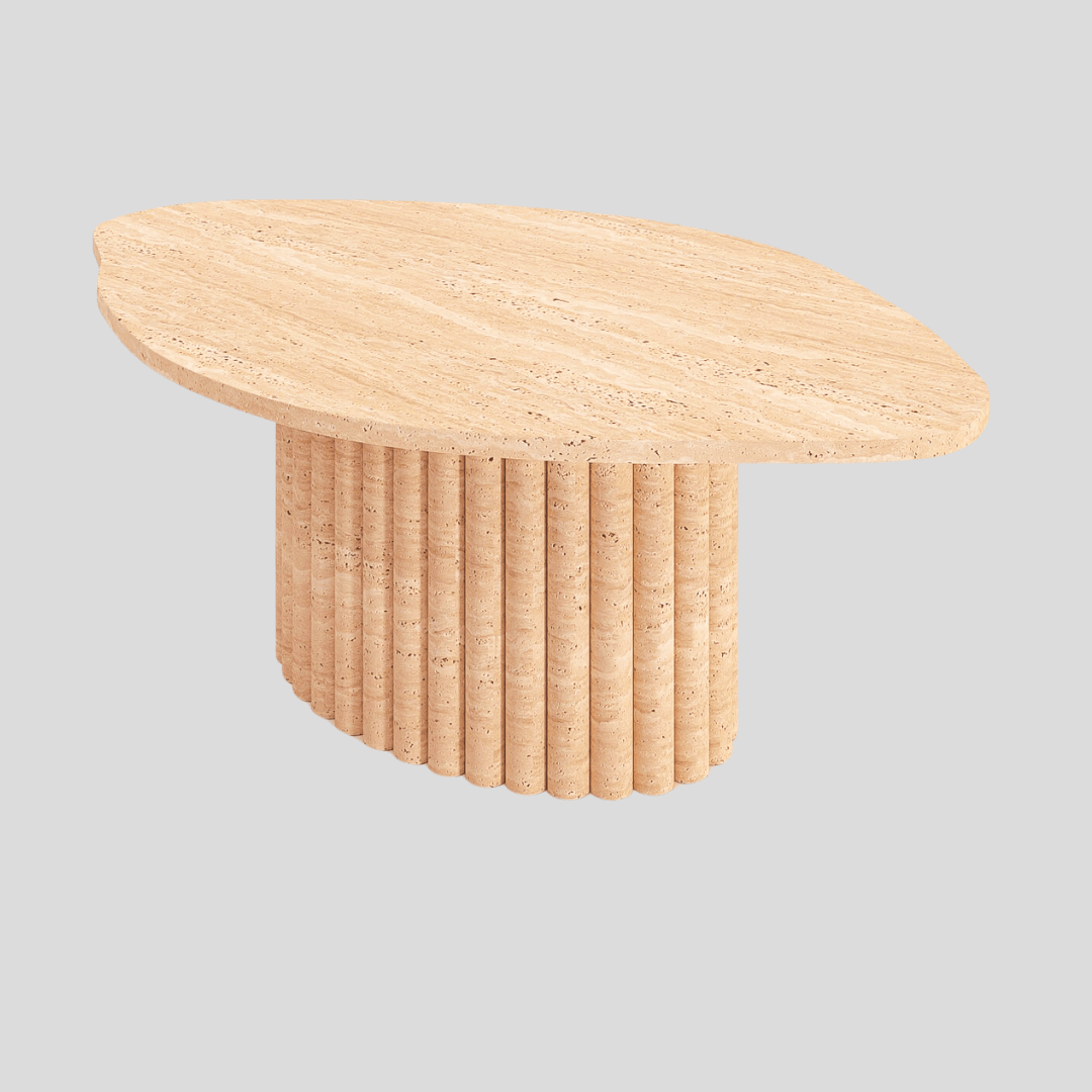 The Timeless Stone Travertine Coffee Table by Travertable, featuring an oval top and vertical cylindrical wooden slats, showcases its natural beauty against a plain gray background, making it a durable addition to any living space.