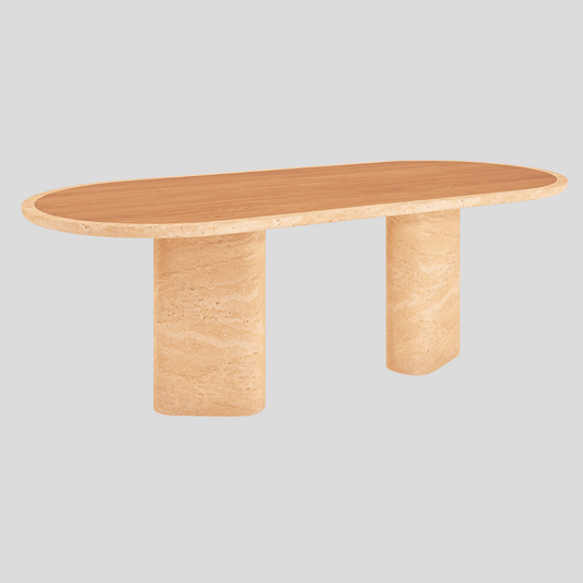 The Harmony Travertine and Walnut Dining Table by Travertable features a wooden oval top and two cylindrical travertine legs against a gray background. This elegant, minimalist piece combines natural wood and stone for a timeless, customizable design.