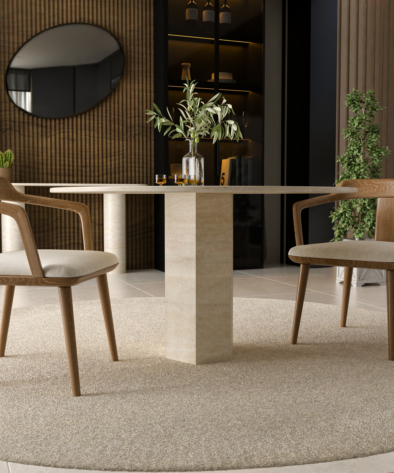 The TRAVERTABLE Oval Travertine Dining Table features a geometric hexagonal base and beige stone top, paired with two wooden chairs with beige cushions on a light rug, creating a modern look with timeless elegance in this neutral-toned room.