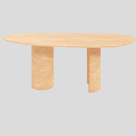 The Zenith Travertine Dining Table by Travertable is a minimalist oval table with a light wood finish and customizable options, featuring two cylindrical solid legs for a modern, sturdy look. Its sophisticated design echoes the aesthetic of being showcased against a plain gray background.