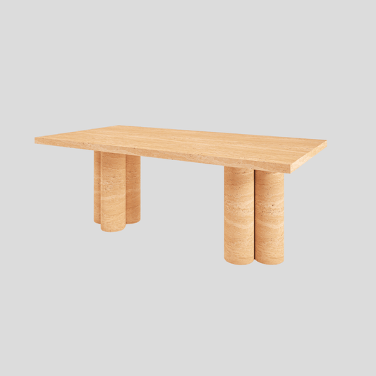 The Meridian Travertine Dining Table by Travertable exudes natural elegance with its rectangular wooden top, smooth surface, and three paired cylindrical legs. This minimalist piece boasts a natural wood finish and embodies sleek modern design against a plain gray background.