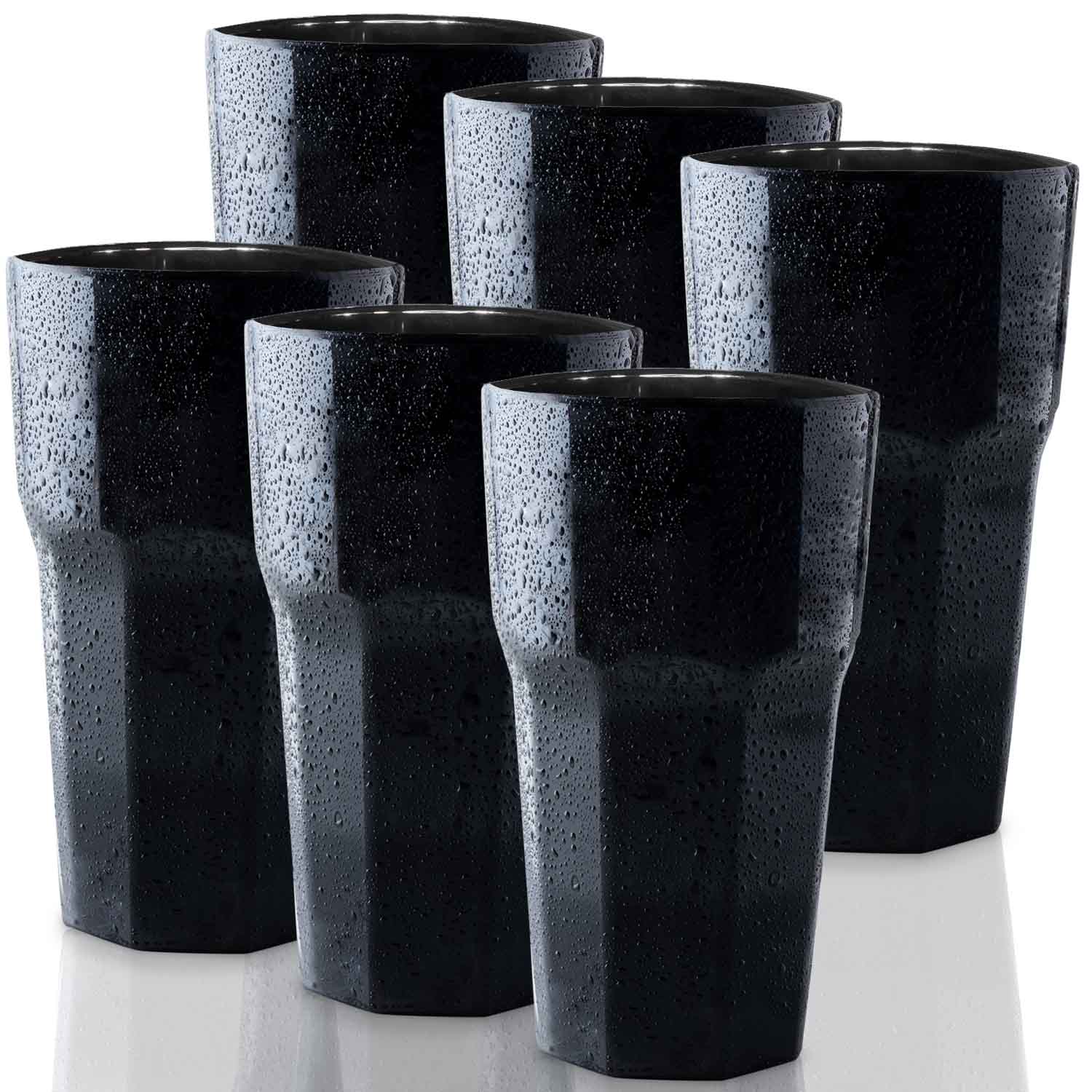 Six Mamaco Home Unbreakable Drinking Glasses, 11 oz each in black, are arranged in two rows. Made from durable polycarbonate, they feature a glossy finish and faceted design. Water droplets enhance their modern look, adding a fresh feel to this reusable set perfect for juice, cocktails, and parties.