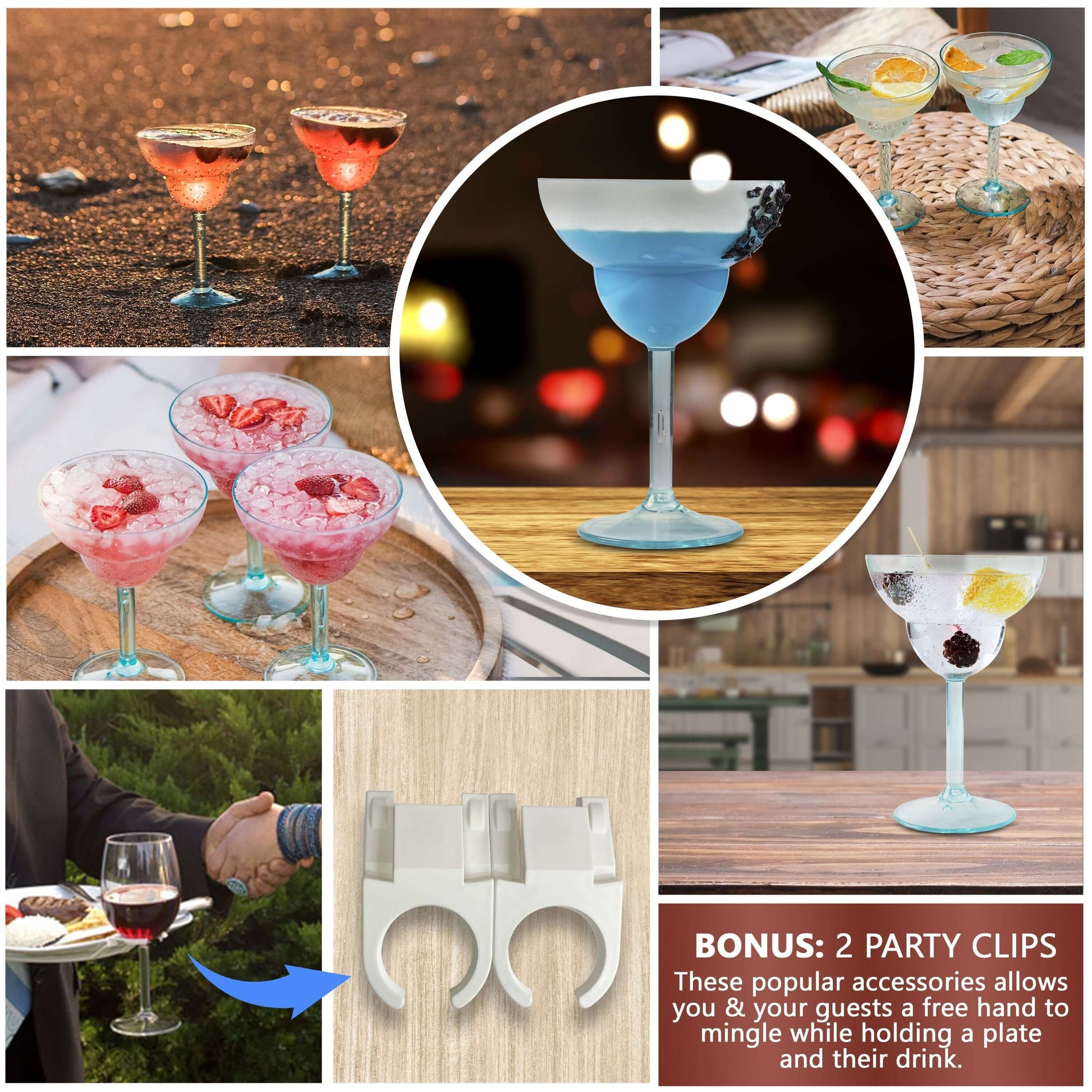 Images displaying Mamaco Homes clip-on holders with stemmed drinks such as margaritas and wine. Includes a bonus of two party clips for hands-free mingling, showcasing the utility of unbreakable polycarbonate clips from Unbreakable Margarita Glasses – 14oz Large Polycarbonate Drinkware.
