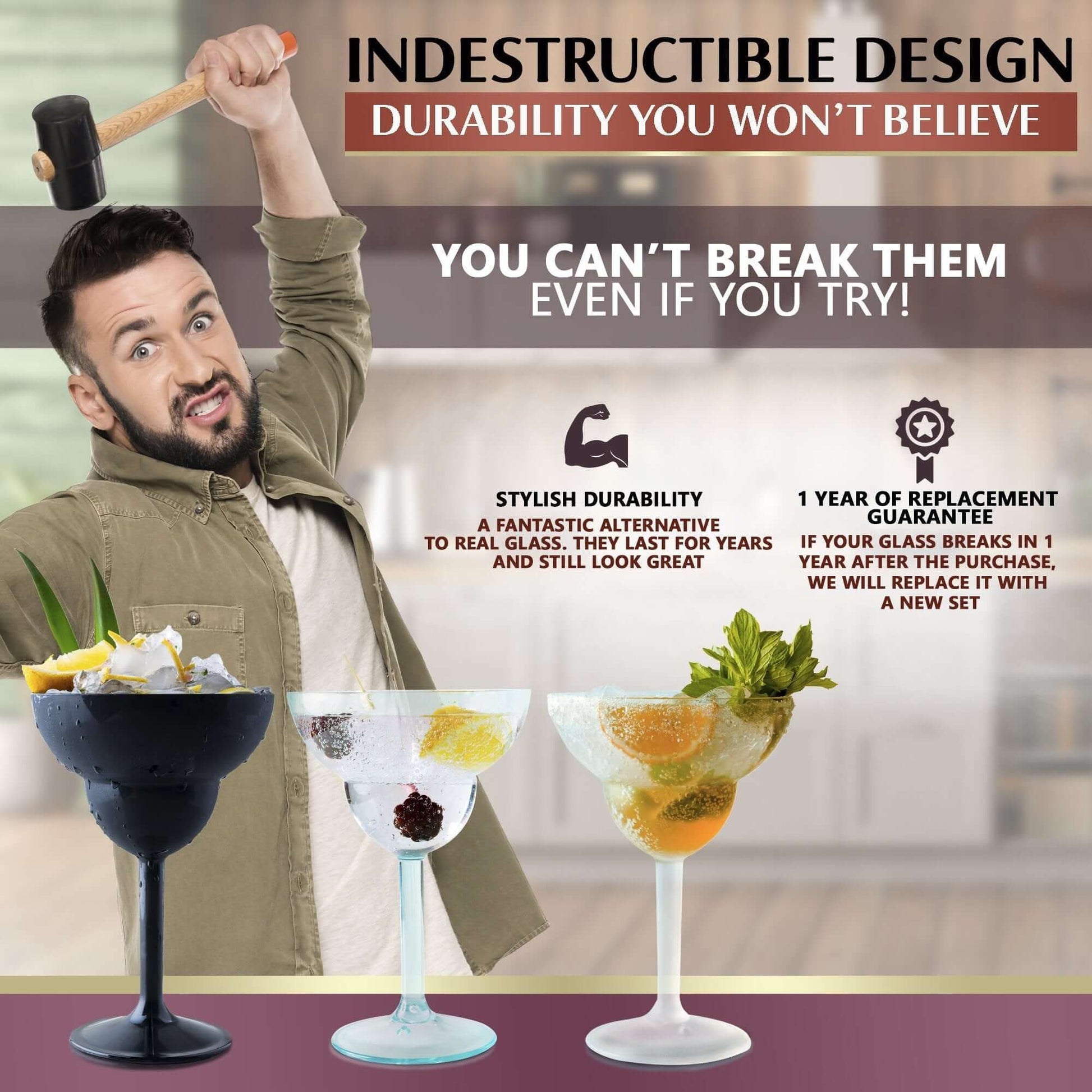 A person with a mallet stands behind three Mamaco Home Unbreakable Margarita Glasses, showcasing their durability with a replacement guarantee. This 14oz polycarbonate drinkware offers a stylish, long-lasting alternative to real glass for cocktails and tequila.