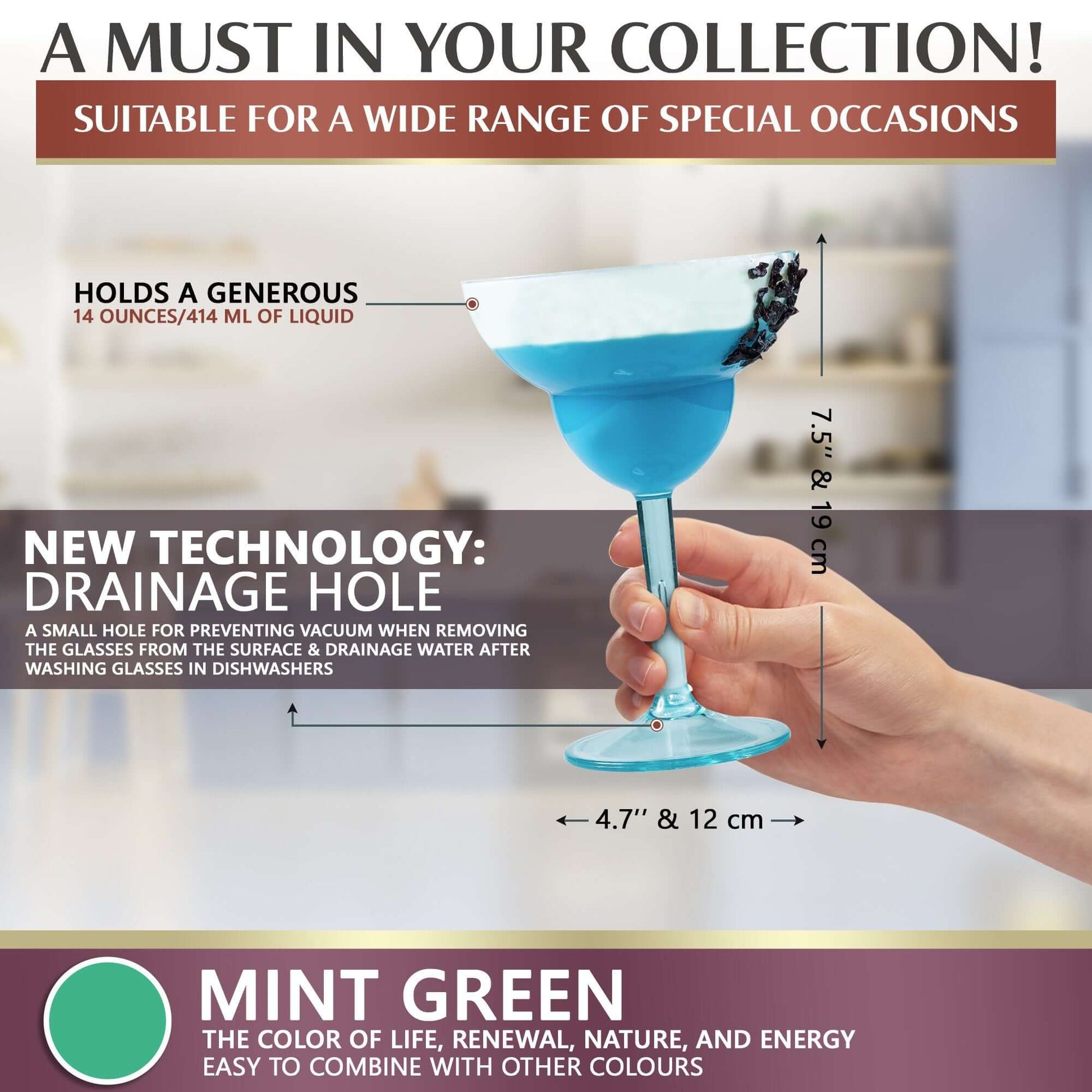A hand elegantly holds a mint green Mamaco Home 14oz Unbreakable Margarita Glass, made from durable polycarbonate with a drainage hole feature. Measuring 4.7 inches by 12 cm, it’s perfect for any occasion, with its hue symbolizing life and renewal.