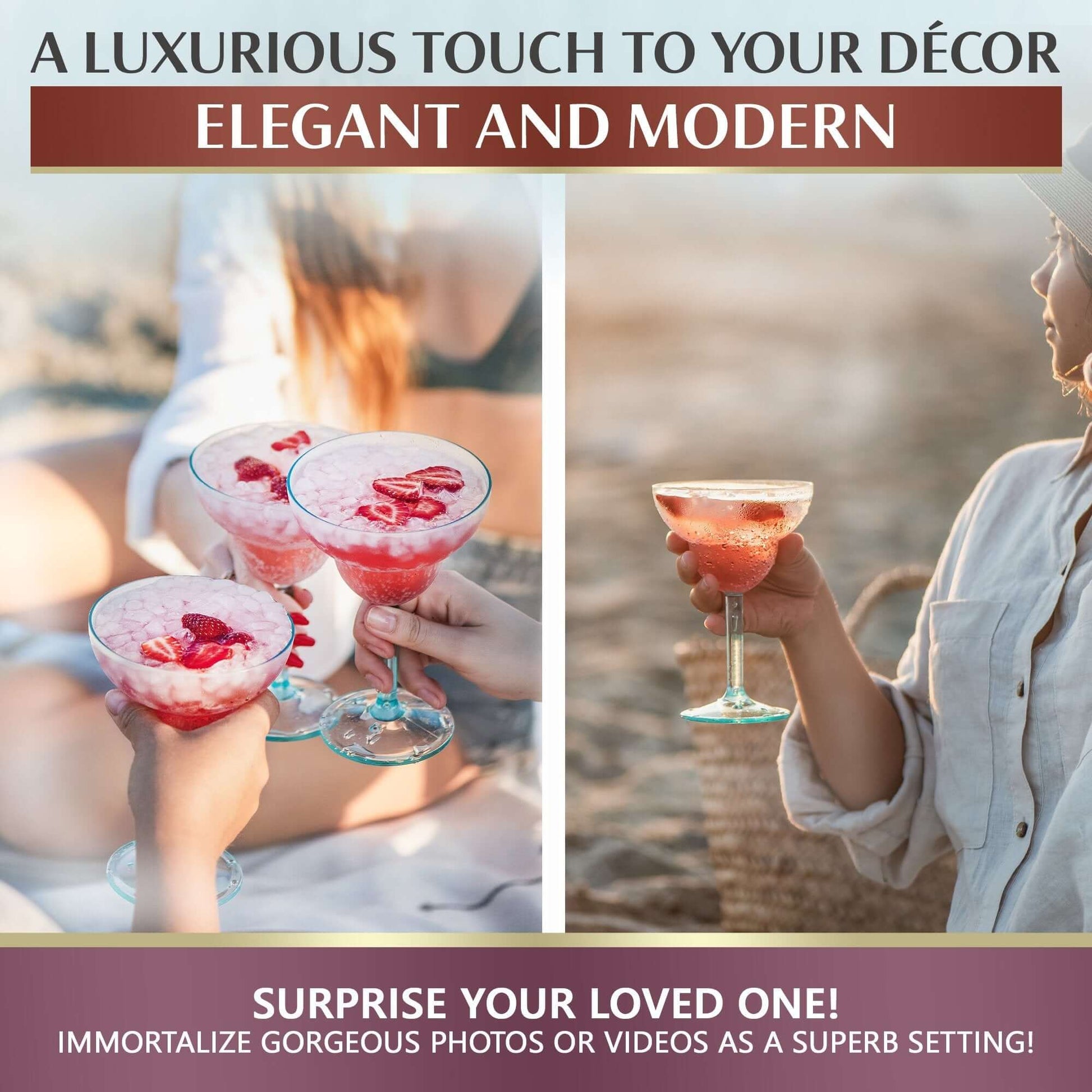 Three people enjoying pink, strawberry-topped drinks in Mamaco Homes Unbreakable 14oz Margarita Glasses on a beach. Text overlays highlight the luxurious, modern appeal, suggesting it as the perfect setting for memorable photos or videos.