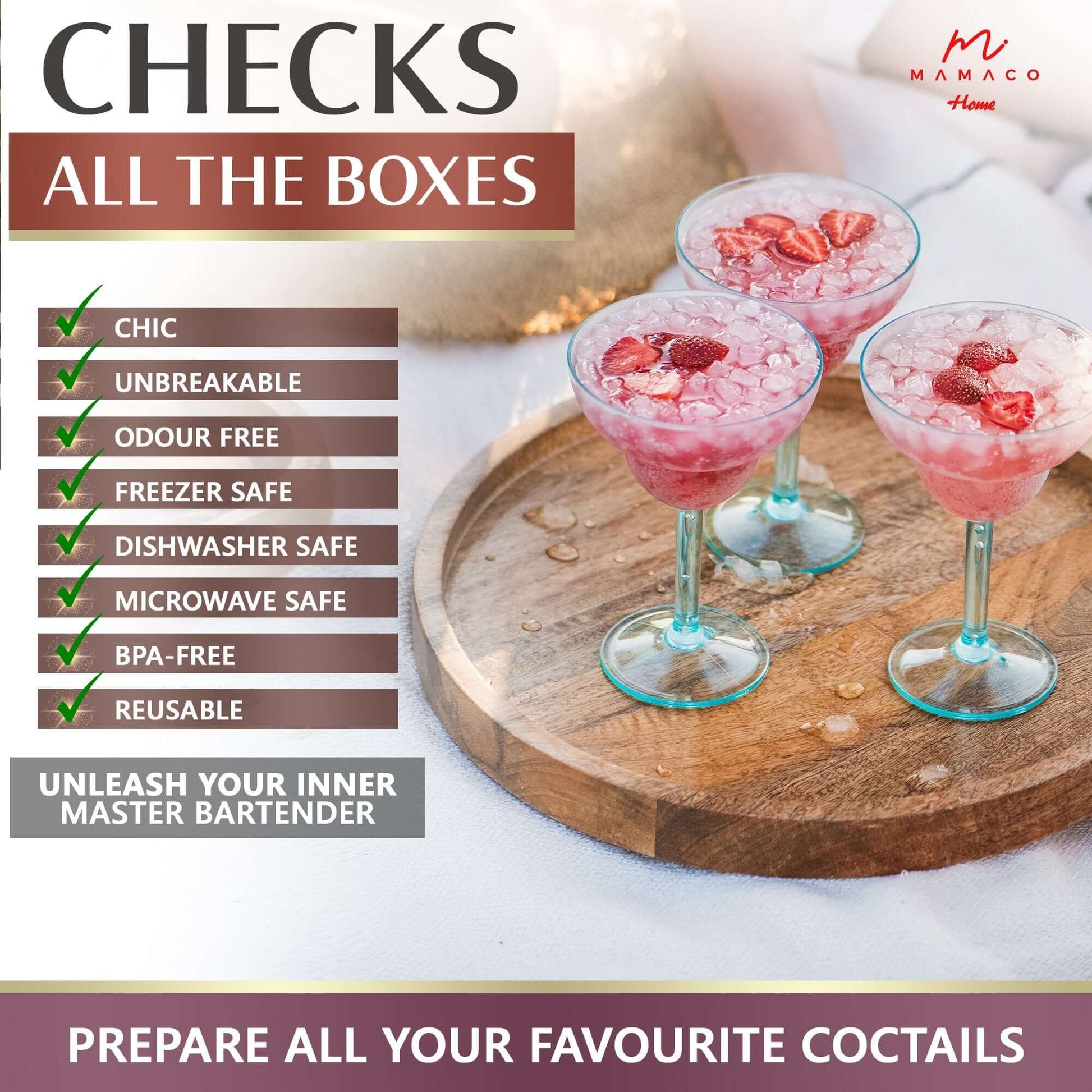 Three chic, pink cocktails with strawberries and ice are served in Mamaco Homes 14oz Unbreakable Margarita Glasses on a wooden tray. These polycarbonate glasses are freezer safe, encouraging you to unleash your inner master bartender.