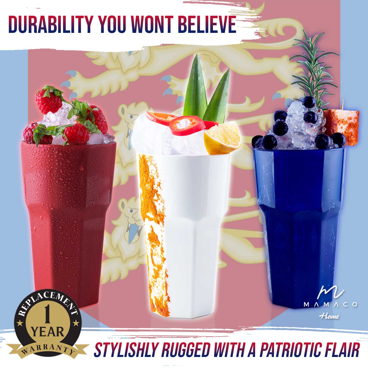 Mamaco Homes unbreakable drinking glasses, inspired by the USA flag with red (raspberries), white (citrus and pineapple), and blue (blueberries) evoke a patriotic feel. These shatterproof, BPA-free glasses boast durability with a one-year warranty and feature the Mamaco Home logo.
