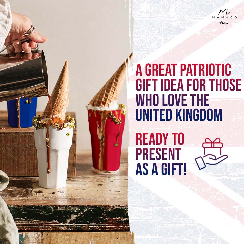 A person pours a drink into three shatterproof USA flag-themed tumblers by Mamaco Home, adorned with cone-shaped lids. Text reads: A great patriotic gift idea for those who love the United States. Ready to present as a gift! with a gift icon.